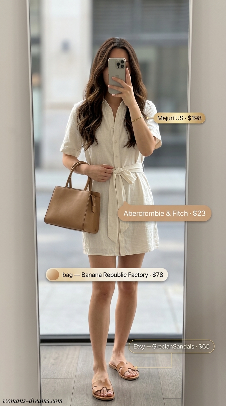 Sophisticated Summer Shopping Day Outfits for Women 2026 Sophisticated ivory linen mini shirt dress outfit for trendy summer shopping day outfits for women 2026.