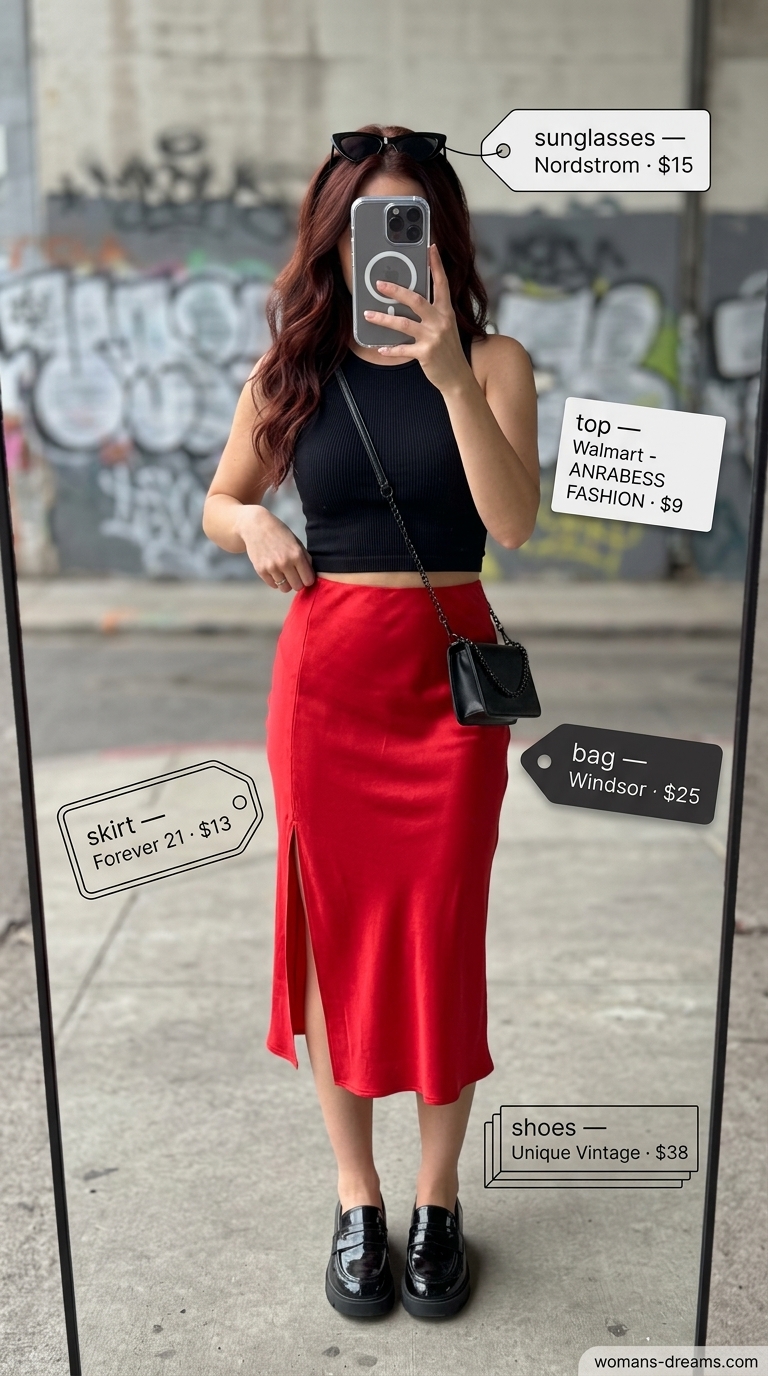 Bold Summer Shopping Day Outfits for Women 2026 Bold radiant red satin midi skirt outfit for trendy summer shopping day outfits for women 2026.