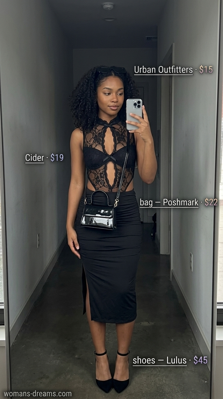 Trendy Summer Outfits 2026: Sheer Lace Evening Look Trendy summer shopping day outfits for women 2026: Sheer lace set, chunky sneakers, and mini bag for a modern, sultry evening look.