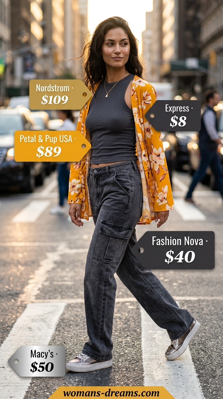 Cool Summer Shopping Day Outfits for Women 2026 Street chic black cargo pants outfit with floral romper for trendy summer shopping day outfits for women 2026.