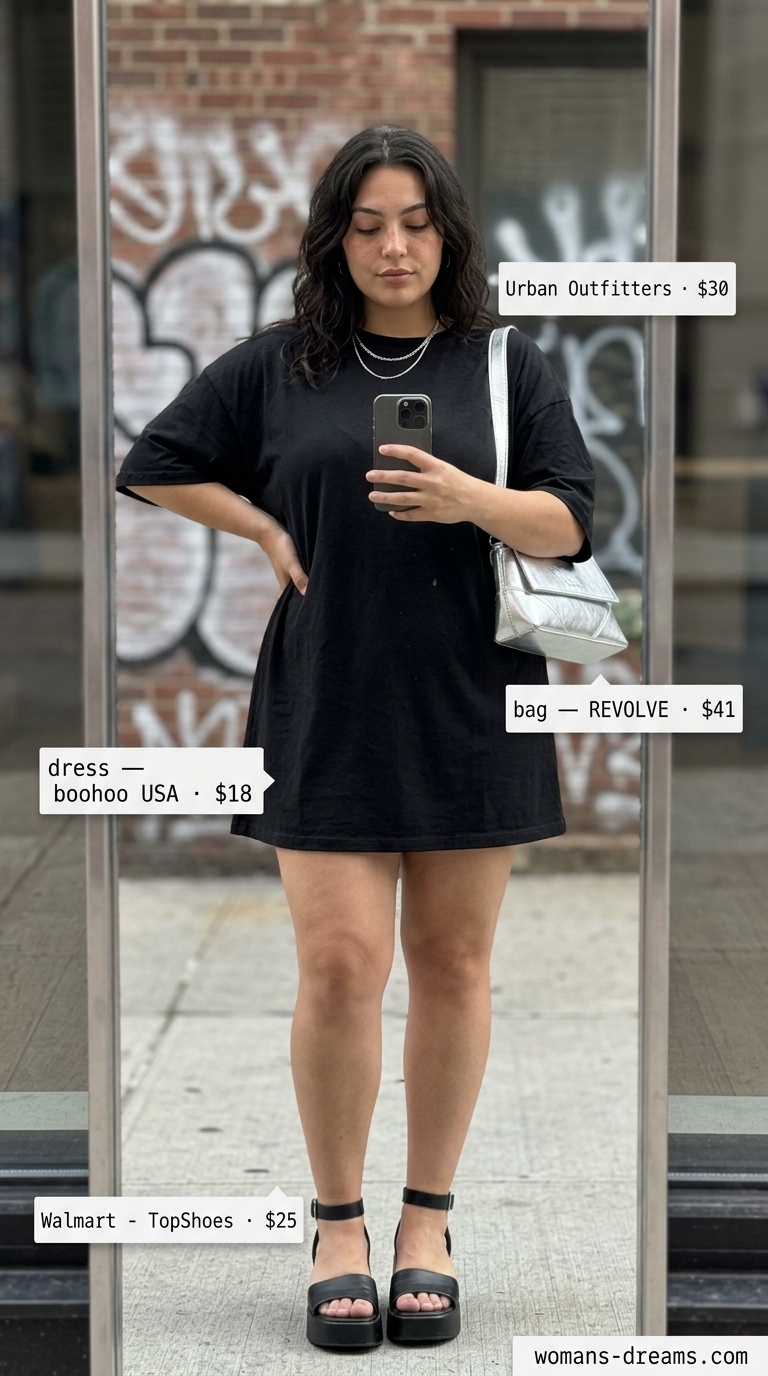 Edgy Summer Shopping Day Outfits for Women 2026 Edgy black t-shirt dress outfit with silver bag for trendy summer shopping day outfits for women 2026.