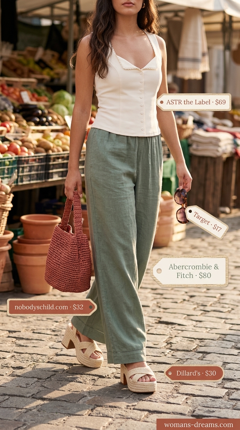 Bohemian vintage summer outfits for women 2026: Sage green wide-leg pants, crochet top, and espadrilles.