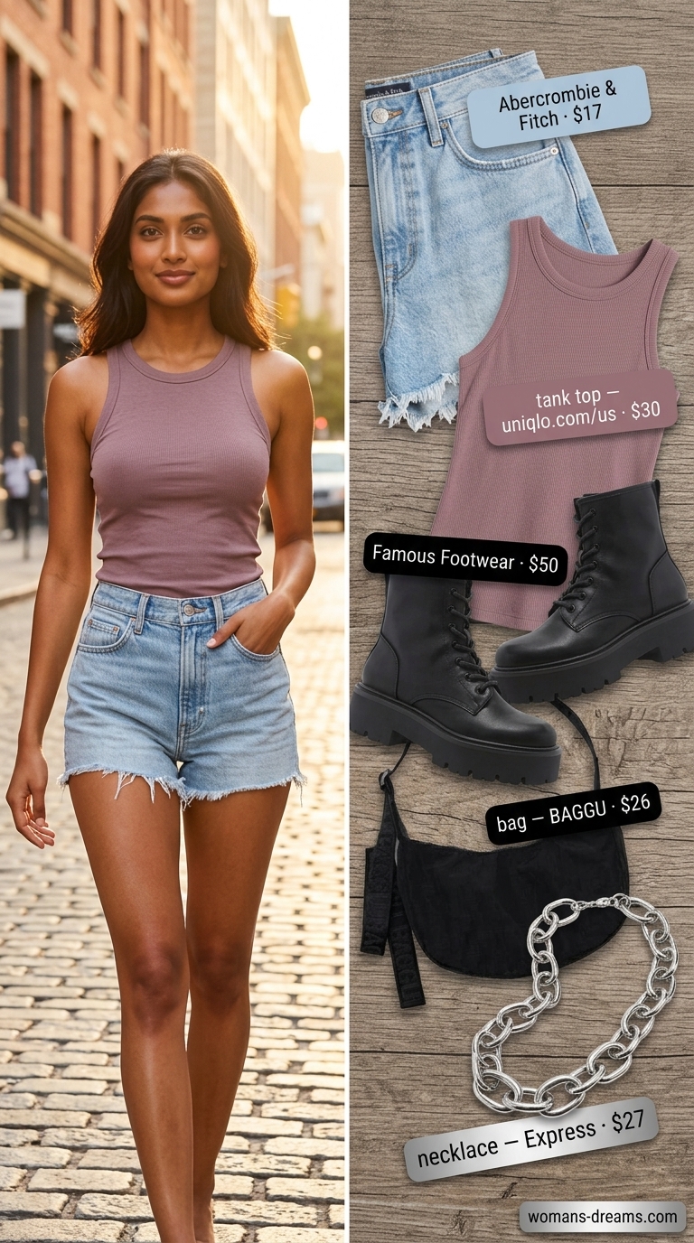 Vintage summer outfits for women 2026: Grunge shorts, oversized white shirt, combat boots for a cool concert look.