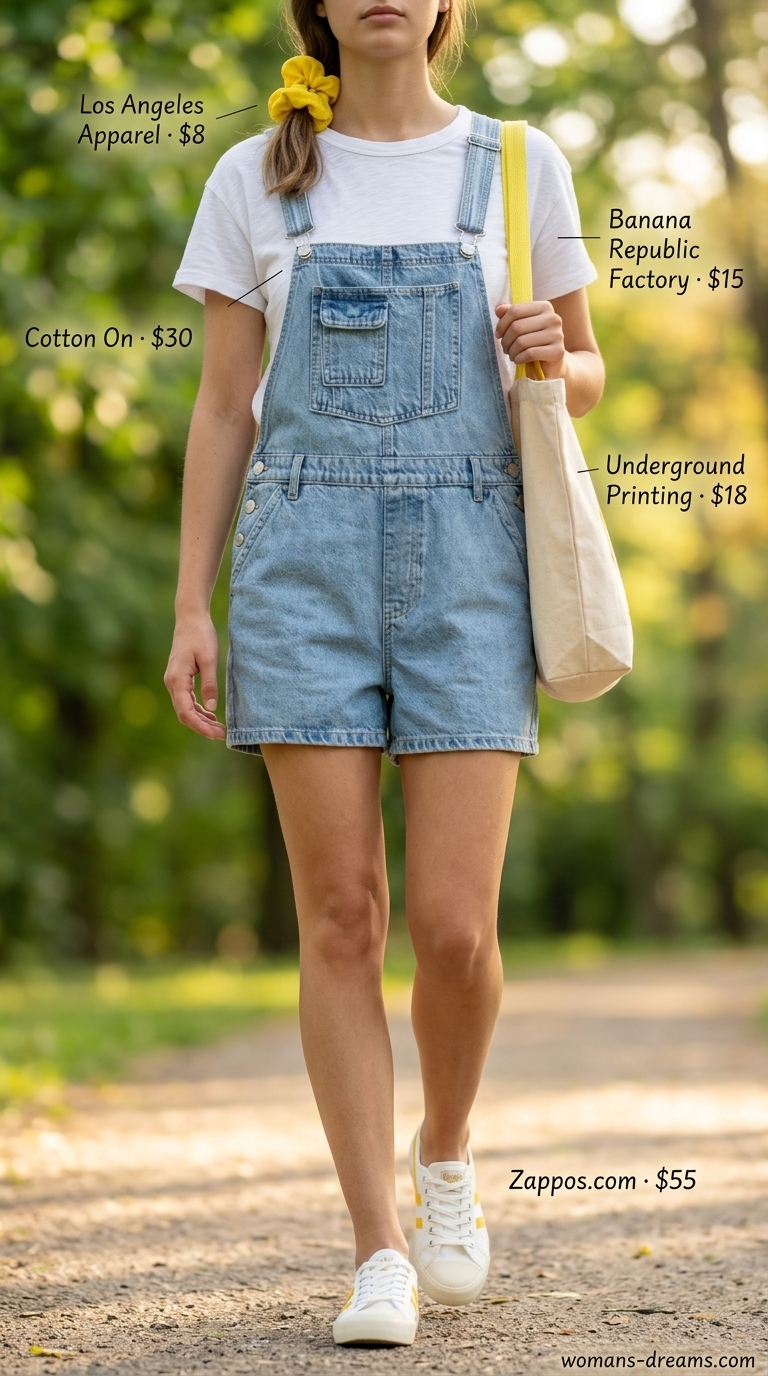 Vintage summer outfits for women 2026: 90s overalls, white tee, yellow scrunchie & sneakers for a park day.