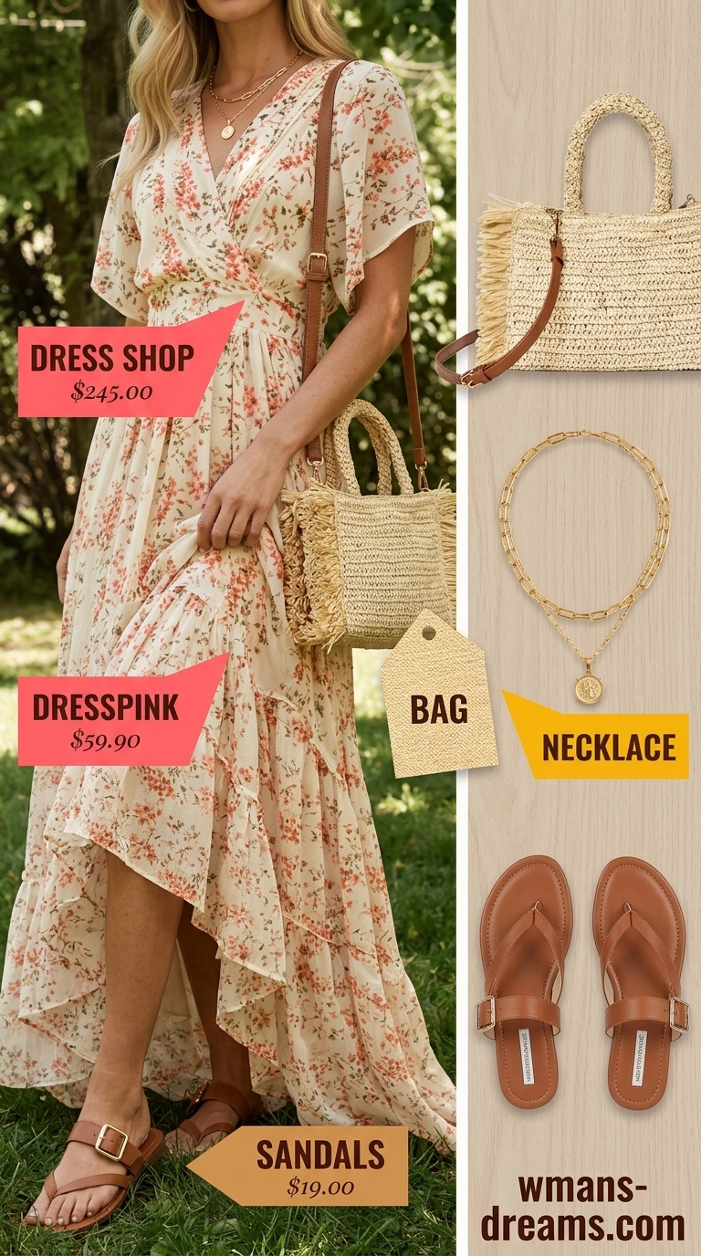 Vintage summer outfits for women 2026: Bohemian maxi dress, straw hat, leather sandals for a relaxed vibe.