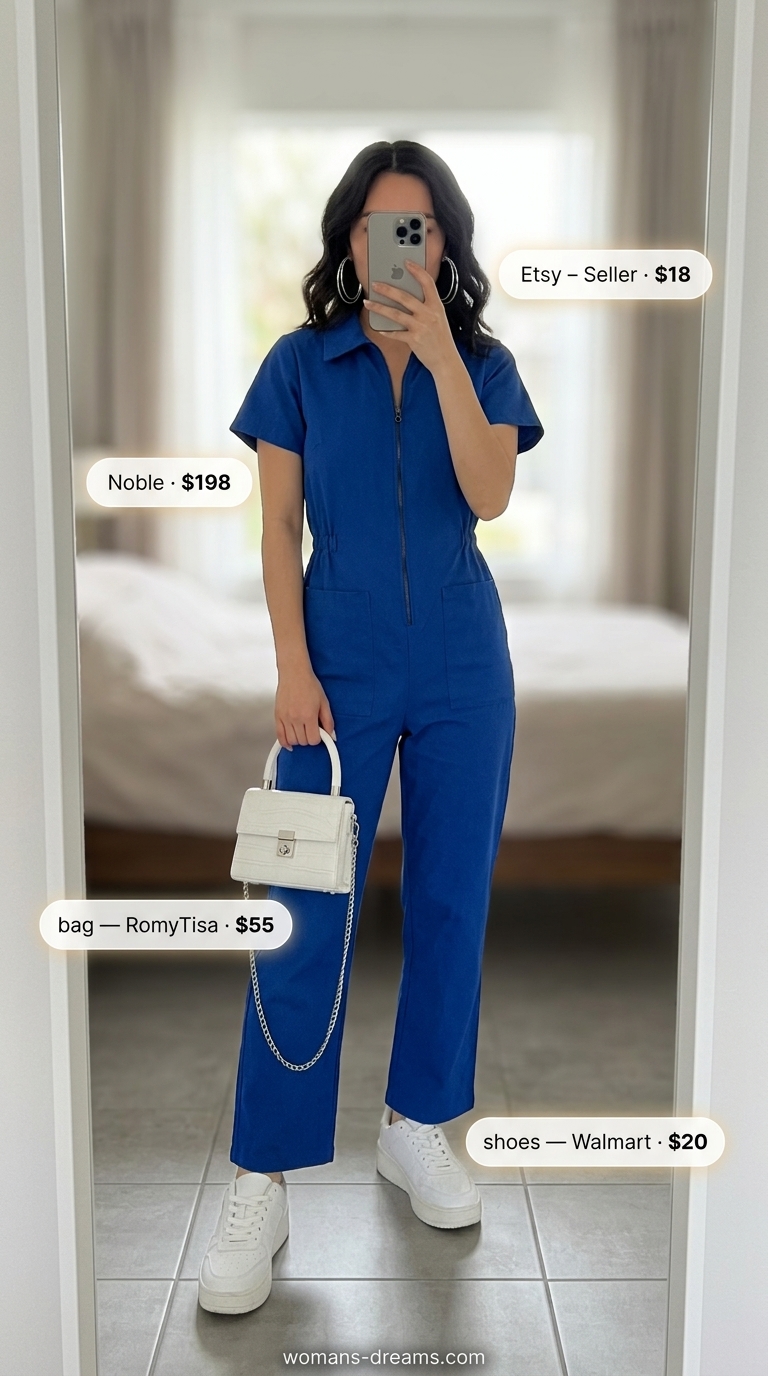 Vintage summer outfits for women 2026: Cobalt blue utility jumpsuit, white sneakers, silver hoops for city exploring.