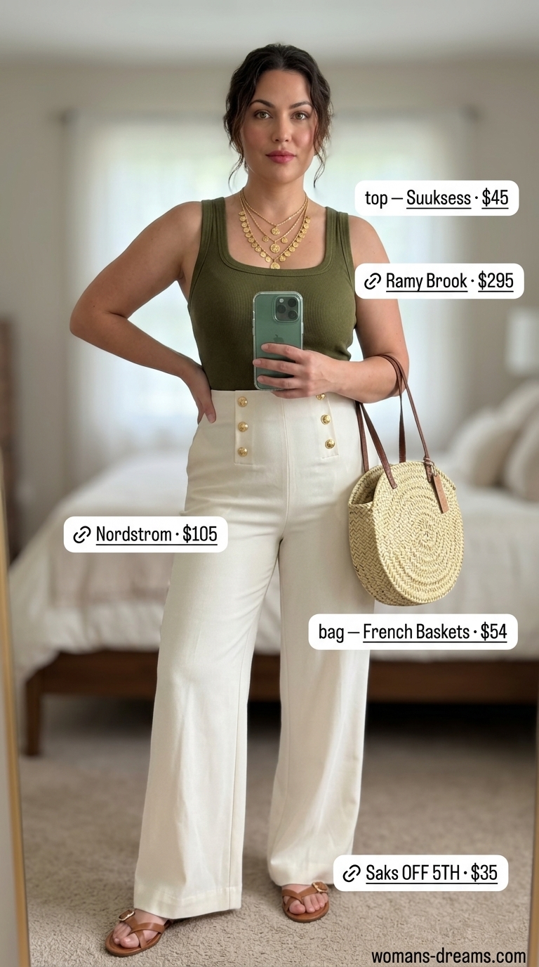 Vintage summer outfits for women 2026: Cream sailor pants, olive knit top, leather slides for an earthy look.