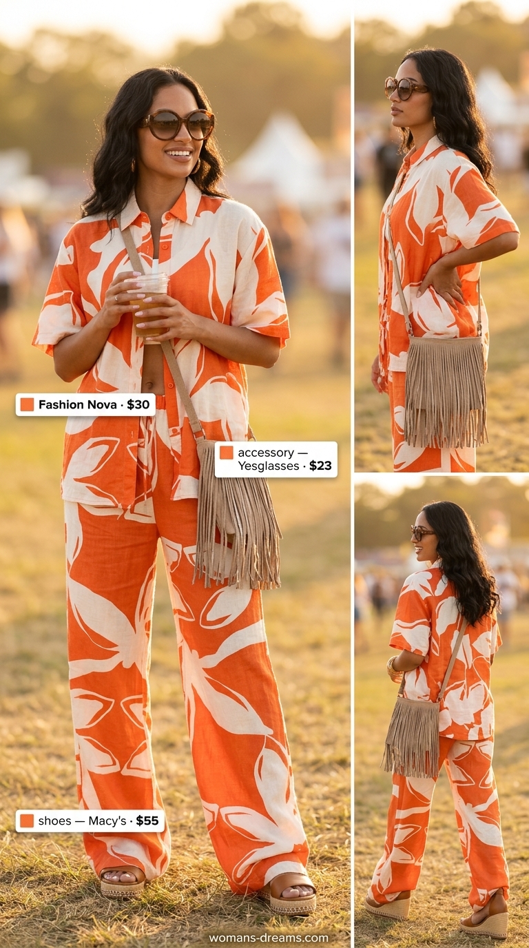 Vintage summer outfits for women 2026: Orange floral matching set, fringe bag, platform wedges for a festival.