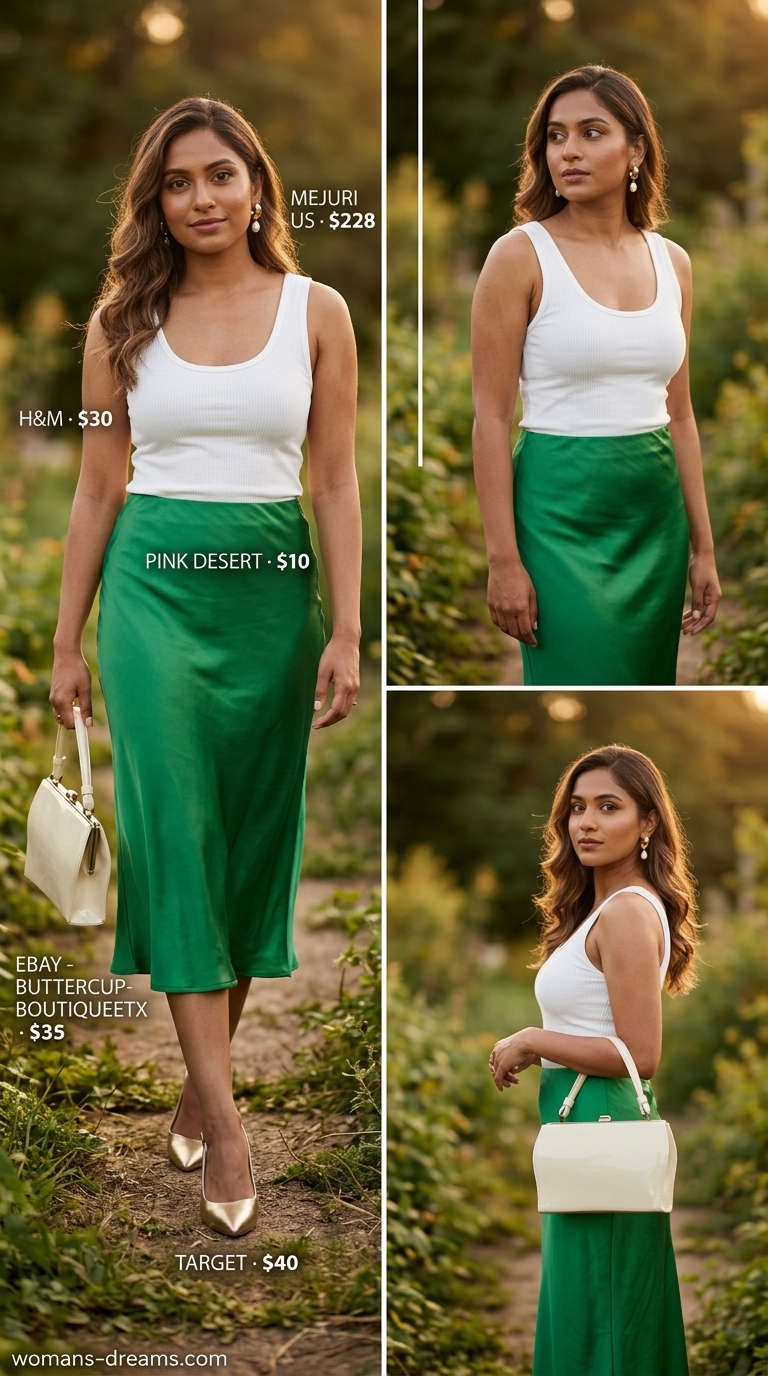 Elegant vintage summer outfits for women 2026: Emerald green satin skirt, cream knit top, and gold accessories.