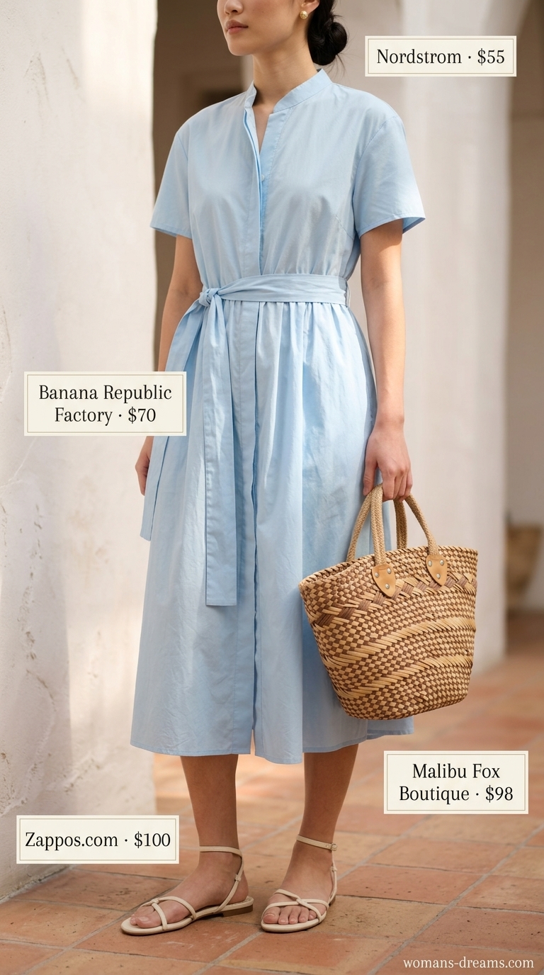 Vintage summer outfits for women 2026: Pale blue shirtdress, straw bag, white belt for a mid-century classic look.