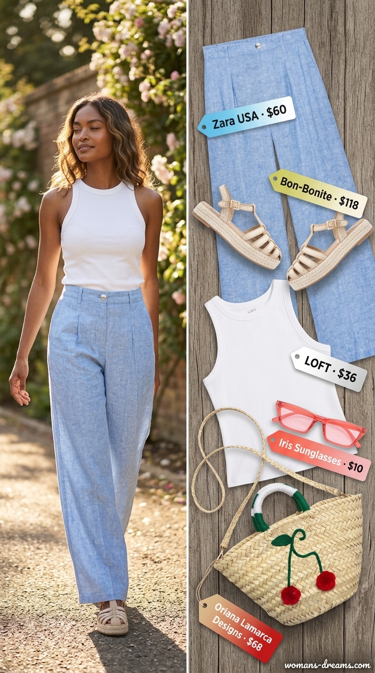 Vintage summer outfits for women 2026: Sky blue wide-leg linen pants, white knit top, red cat-eye sunglasses for a picnic.