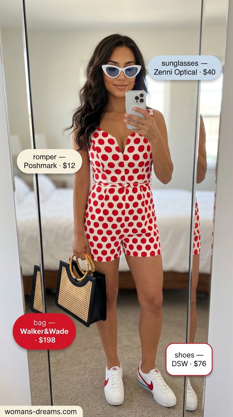 Vintage summer outfits for women 2026: Red polka dot romper, white sneakers, bandana for a playful look.