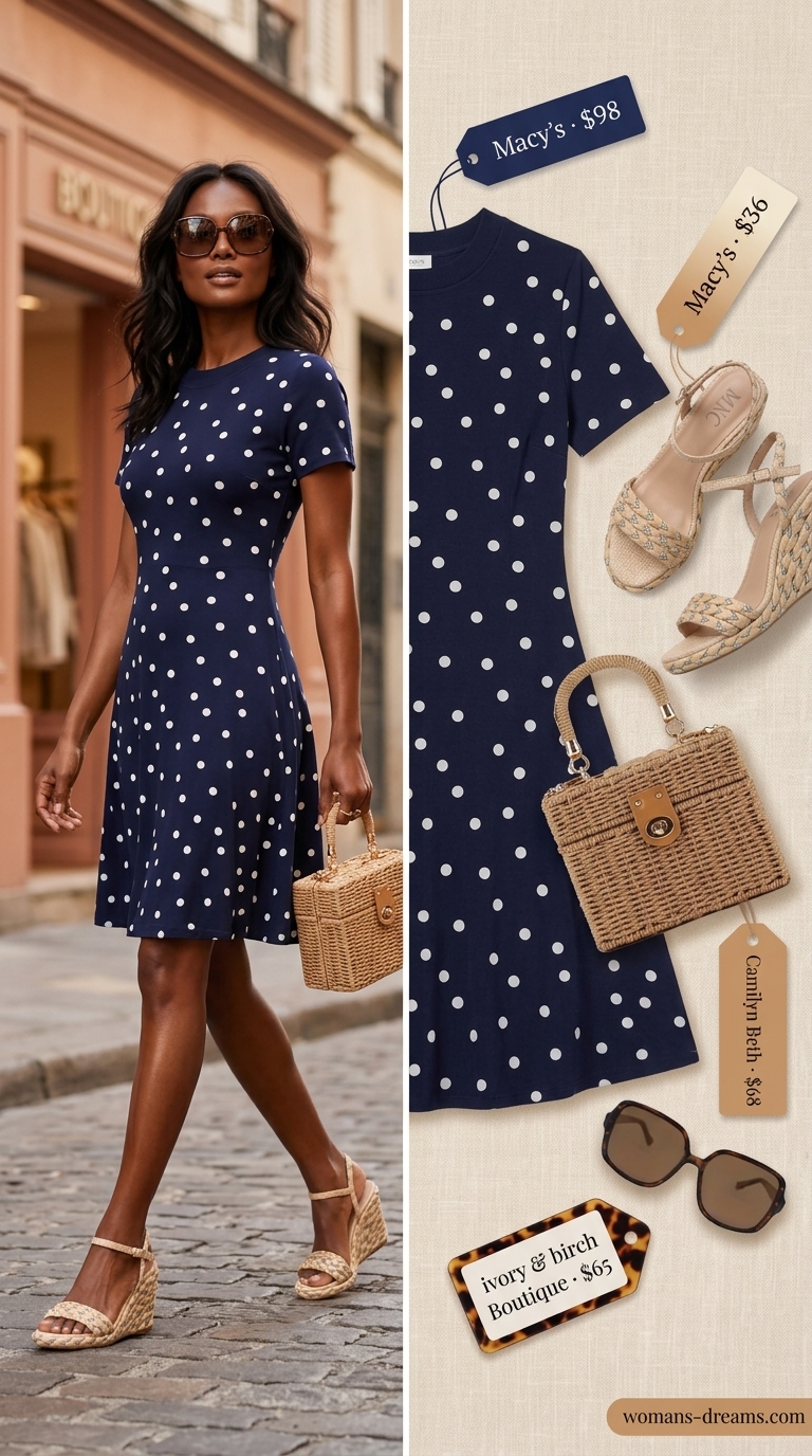 Vintage summer outfits for women 2026: Polka dot sundress, espadrille wedges, straw bag for Riviera lunch.