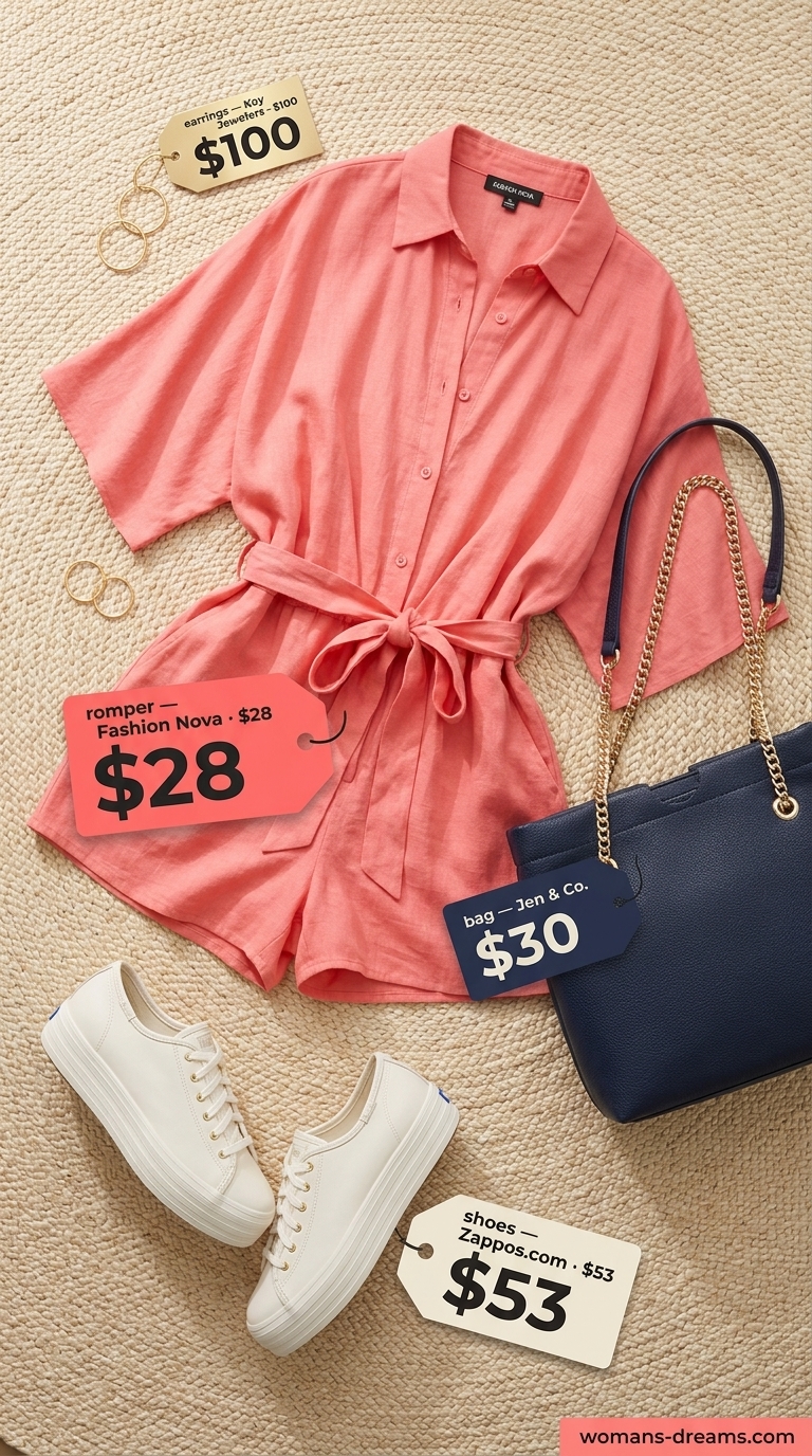 Playful vintage summer outfits for women 2026: Coral pink romper, navy bag, white sneakers, and gold earrings.