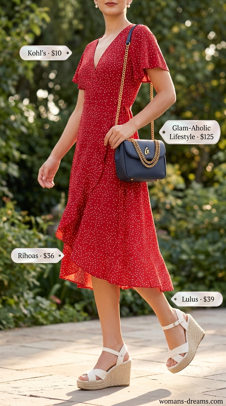 Vintage summer outfits for women 2026: Red polka dot wrap dress, espadrille wedges, silk scarf for a garden party.