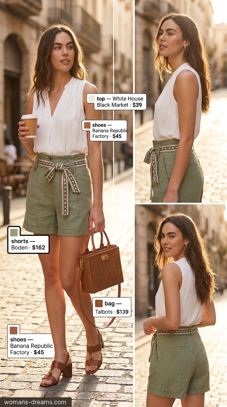 Chic vintage summer outfits for women 2026: Sage green paperbag shorts, cream blouse, wicker bag, and straw hat.