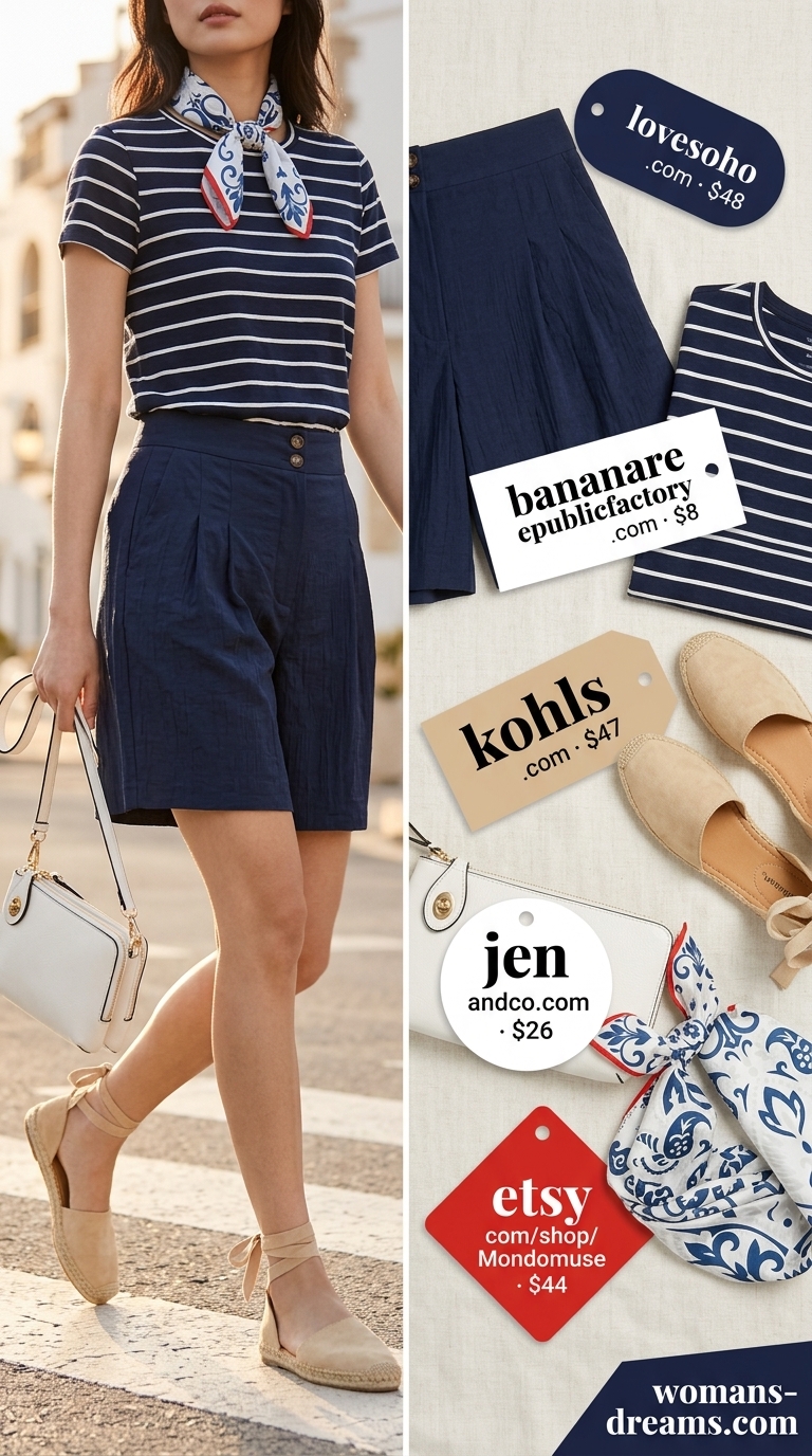Vintage summer outfits for women 2026: Navy linen shorts, striped top, silk scarf for Riviera chic style.