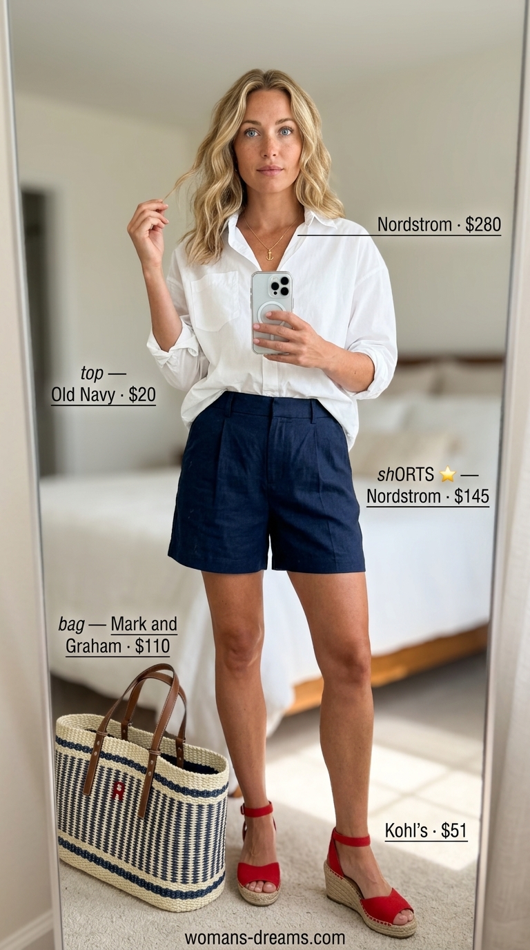 Vintage summer outfits for women 2026: Navy shorts, white shirt, red espadrilles for a Riviera look.