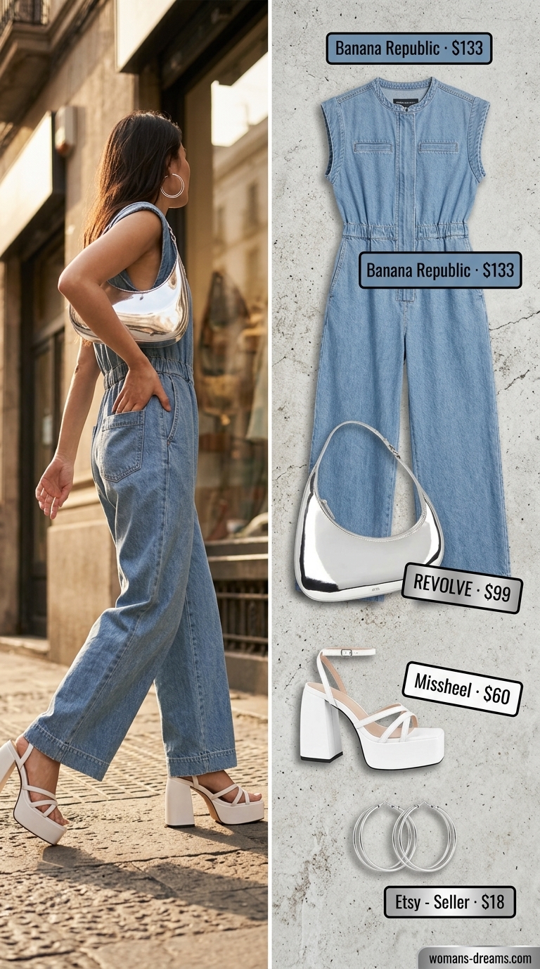 Vintage summer outfits for women 2026: Light denim wide-leg jumpsuit, white platform sandals for a cool retro look.