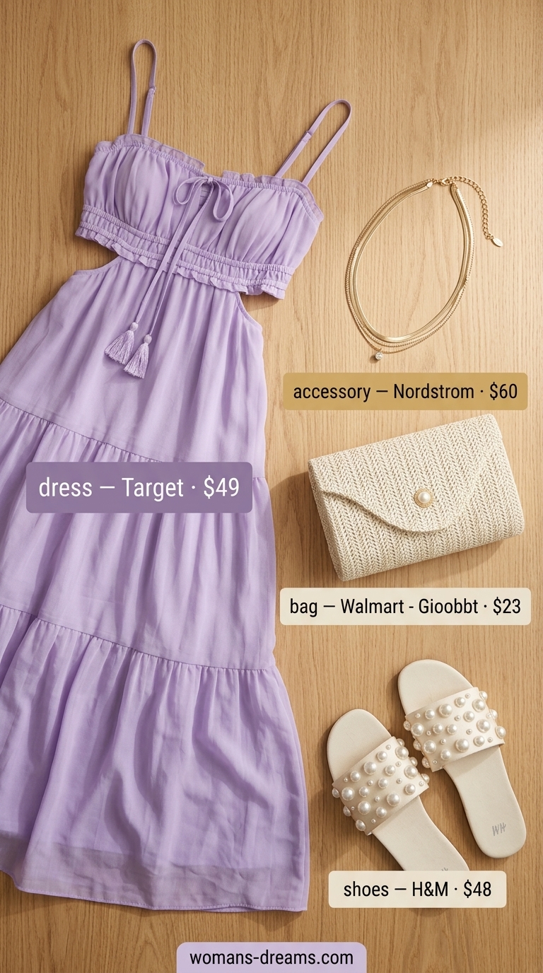 Romantic vintage summer outfits for women 2026: Soft lavender maxi dress, pearl sandals, and woven clutch.