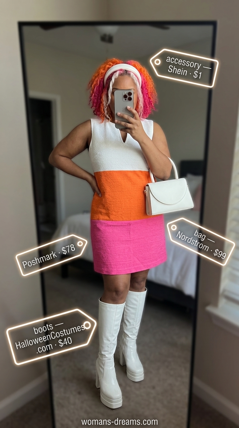 Vintage summer outfits for women 2026: Color-block mini dress, white go-go boots, headband for a bold look.