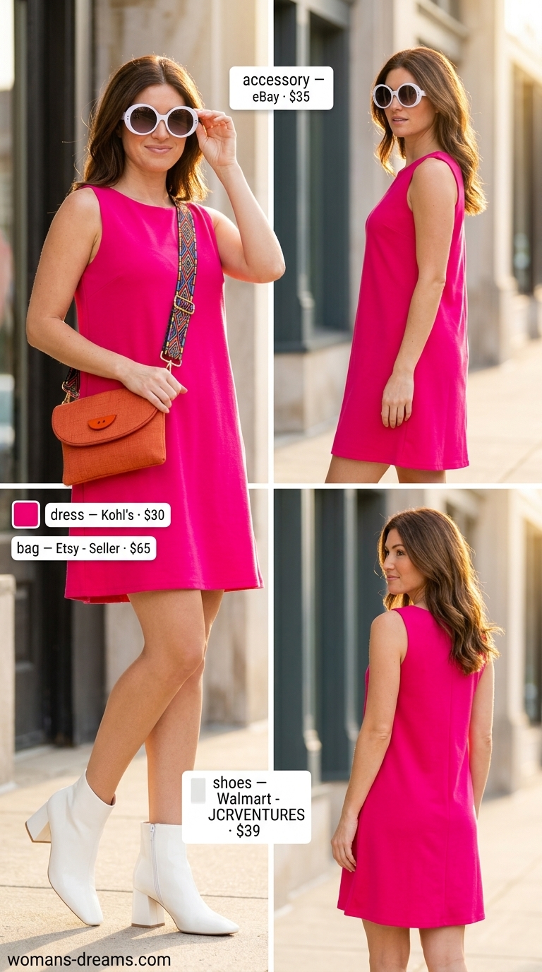 Vintage summer outfits for women 2026: Hot pink mini dress, orange bag, white boots for a mod look.