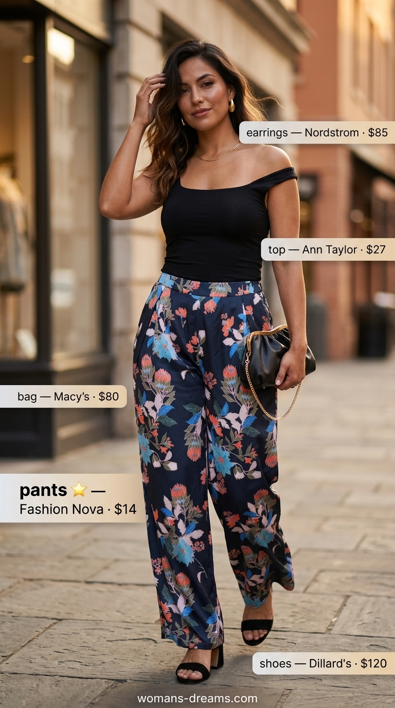 Vintage summer outfits for women 2026: Tropical palazzo pants, black top, gold earrings for a glamorous evening.