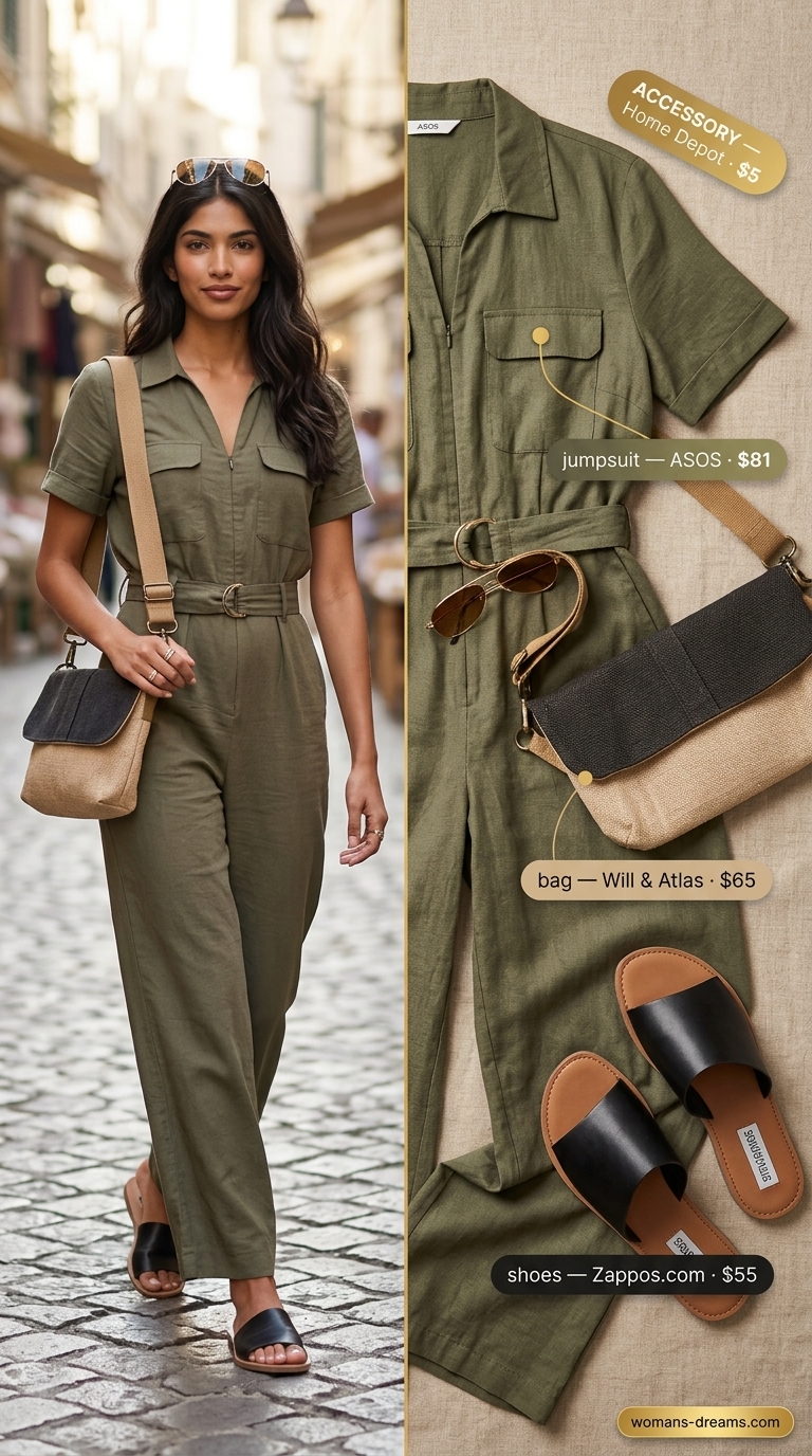 Adventurous vintage summer outfits for women 2026: Olive green utility jumpsuit, woven belt bag, and slide sandals.