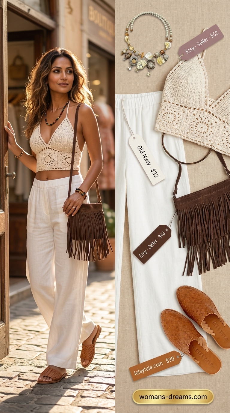 Boho beach goddess look with white summer linen pants for women 2026, crochet top, and beaded jewelry.