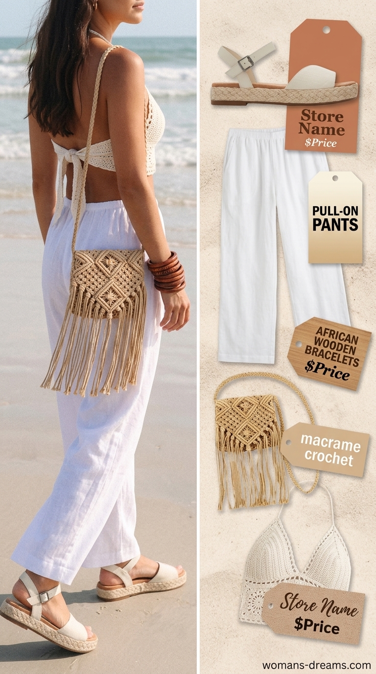 Boho beach outfit featuring white linen pants, crochet top, and espadrilles for summer festivals.