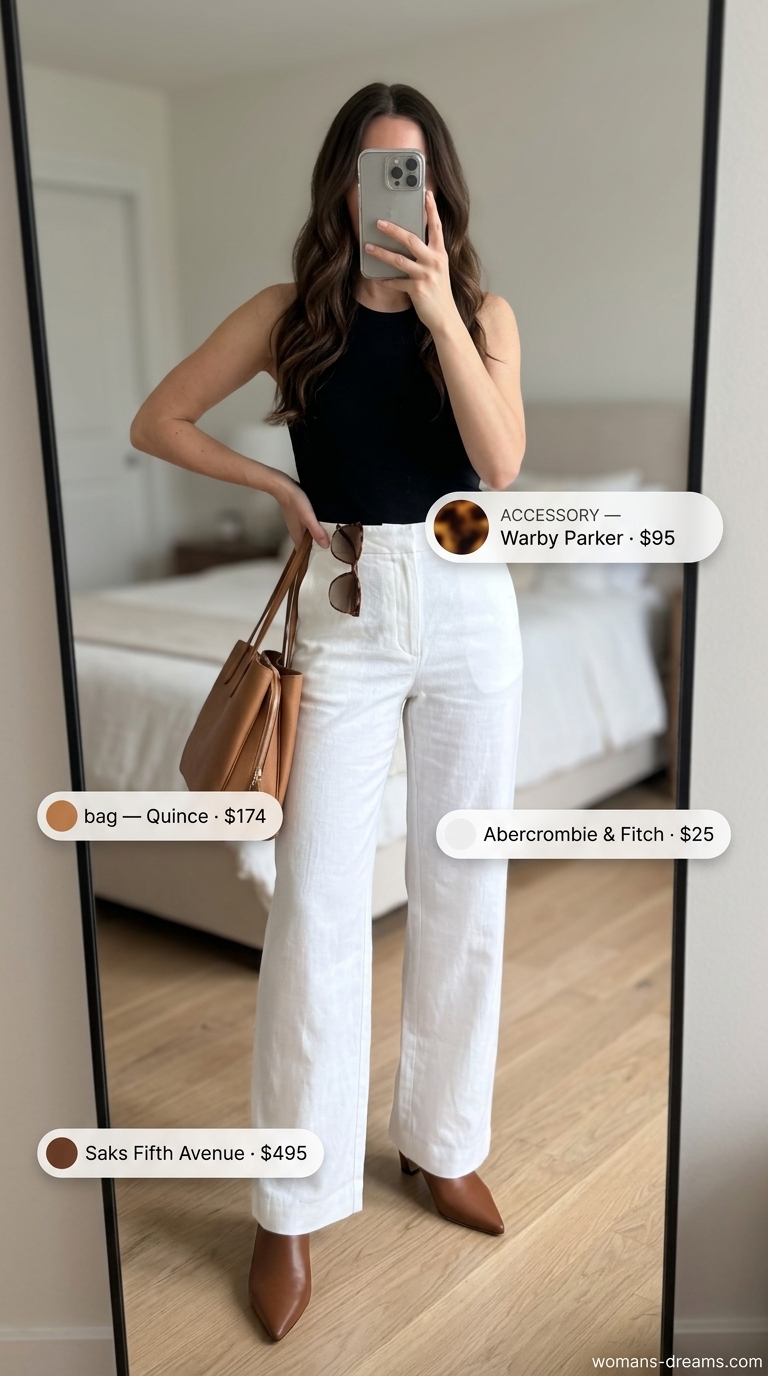 Chic white linen pants styled with a blue striped shirt for city exploration in 2026.