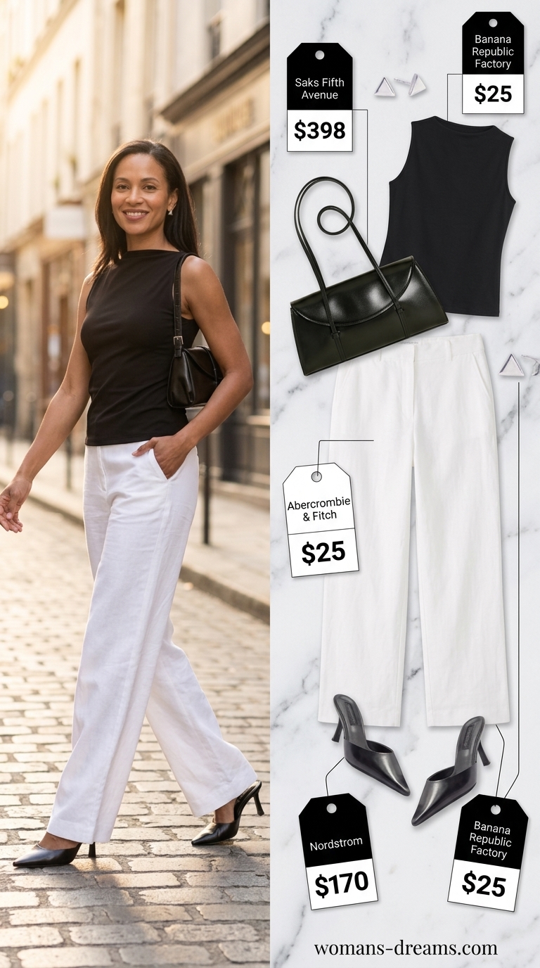 City summer chic outfit with white linen pants for women 2026, mock neck top, mules, and structured bag.