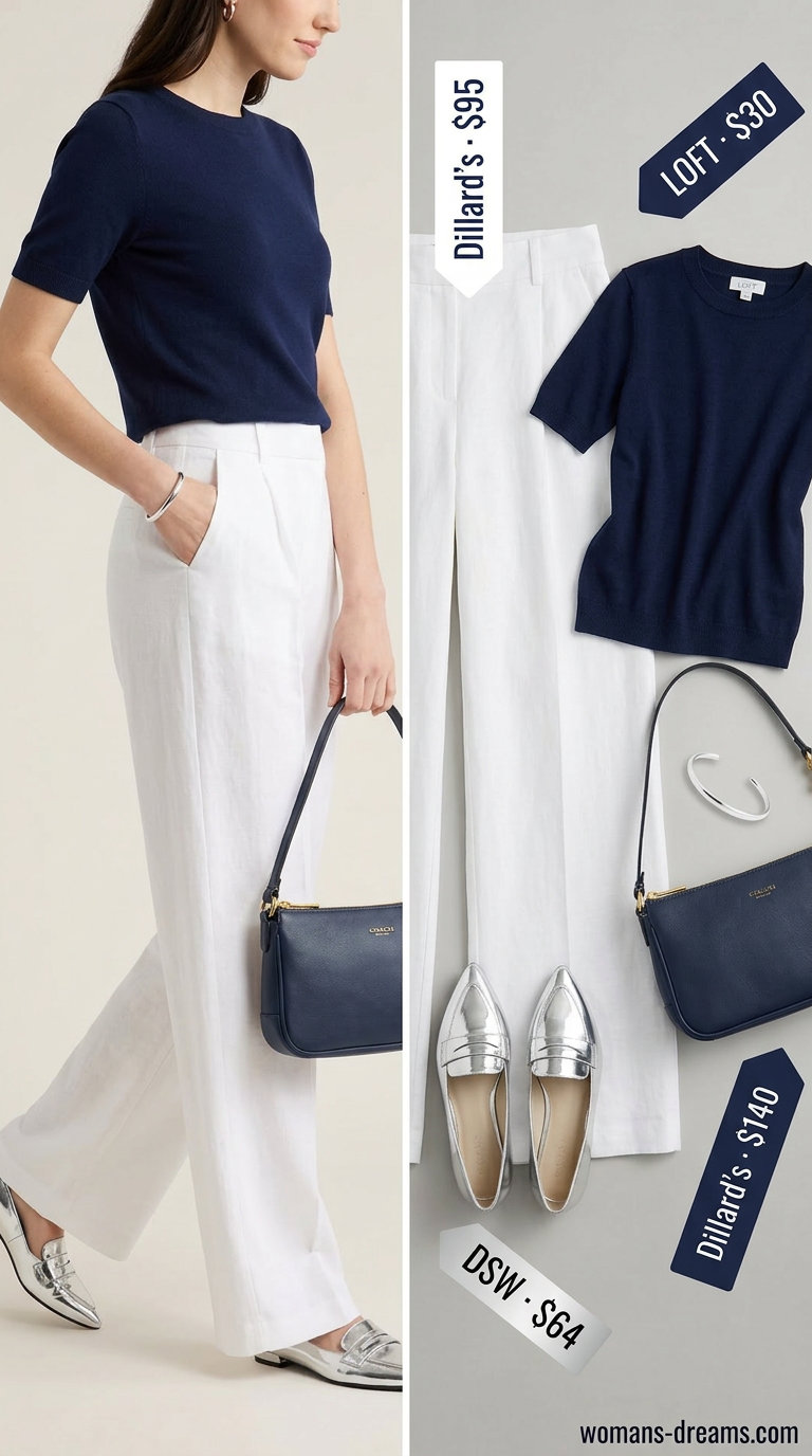 City explorer outfit with white linen trousers for women 2026, fine-knit sweater, loafers, and structured bag.