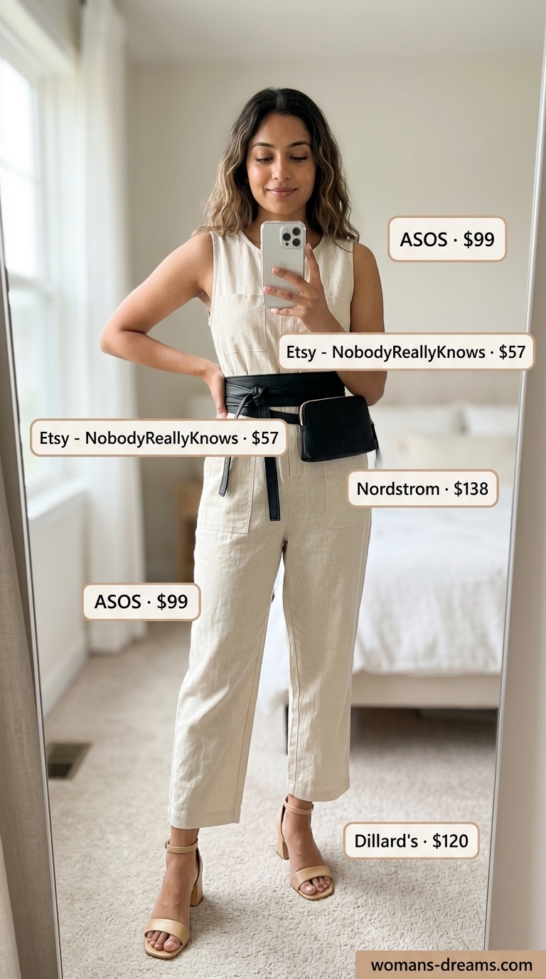 Utility chic white summer linen pants for women 2026 jumpsuit with belt bag and block heel sandals.
