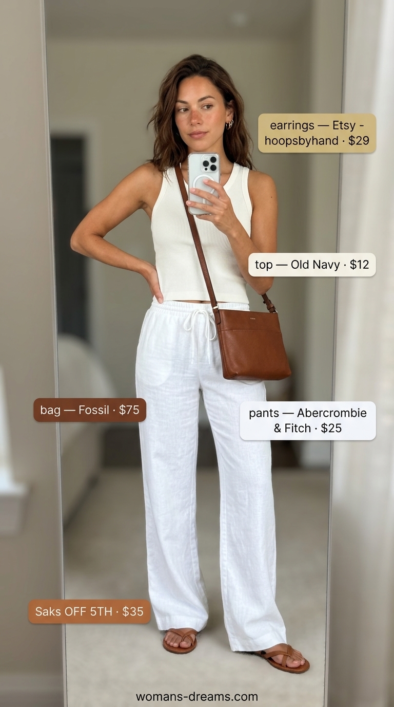 Minimalist white linen pants paired with a ribbed tank for a chic daytime summer look.