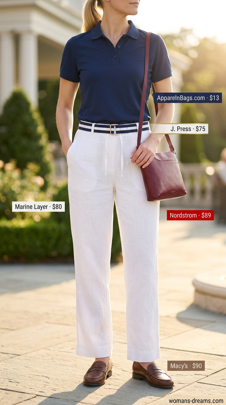 Preppy summer outfit with white linen blend pants for women 2026, polo shirt, loafers, and crossbody bag.