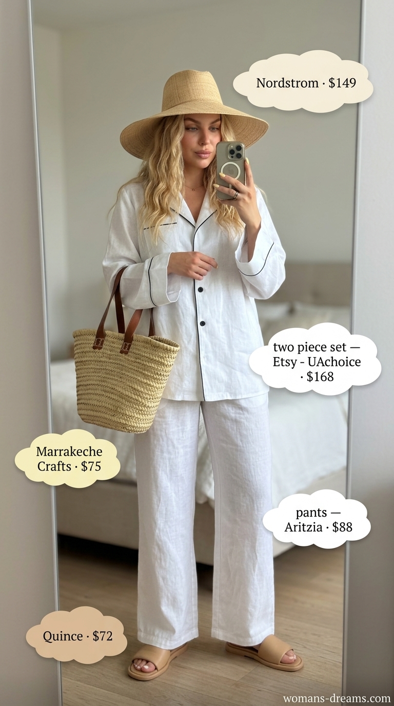 Resort ready outfit with white summer linen pants for women 2026, linen shorts set, straw hat, and slides.