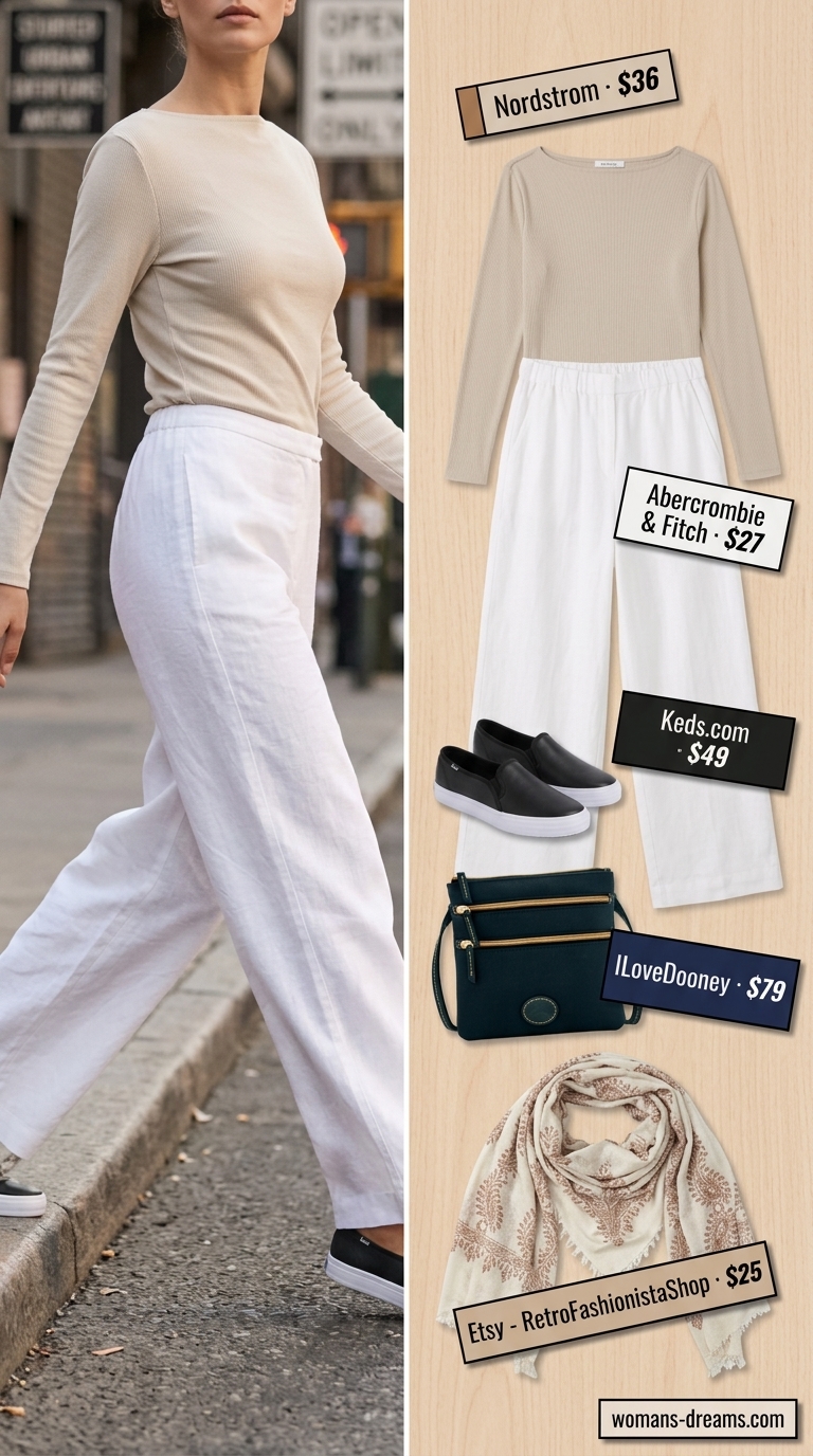 Comfortable and chic white linen pants for travel and airport outfits in 2026.