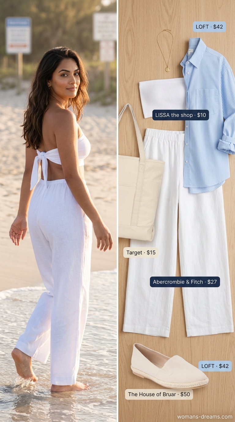 Relaxed vacation outfit with white summer linen pants for women 2026, bandeau top, oversized shirt, and espadrilles.