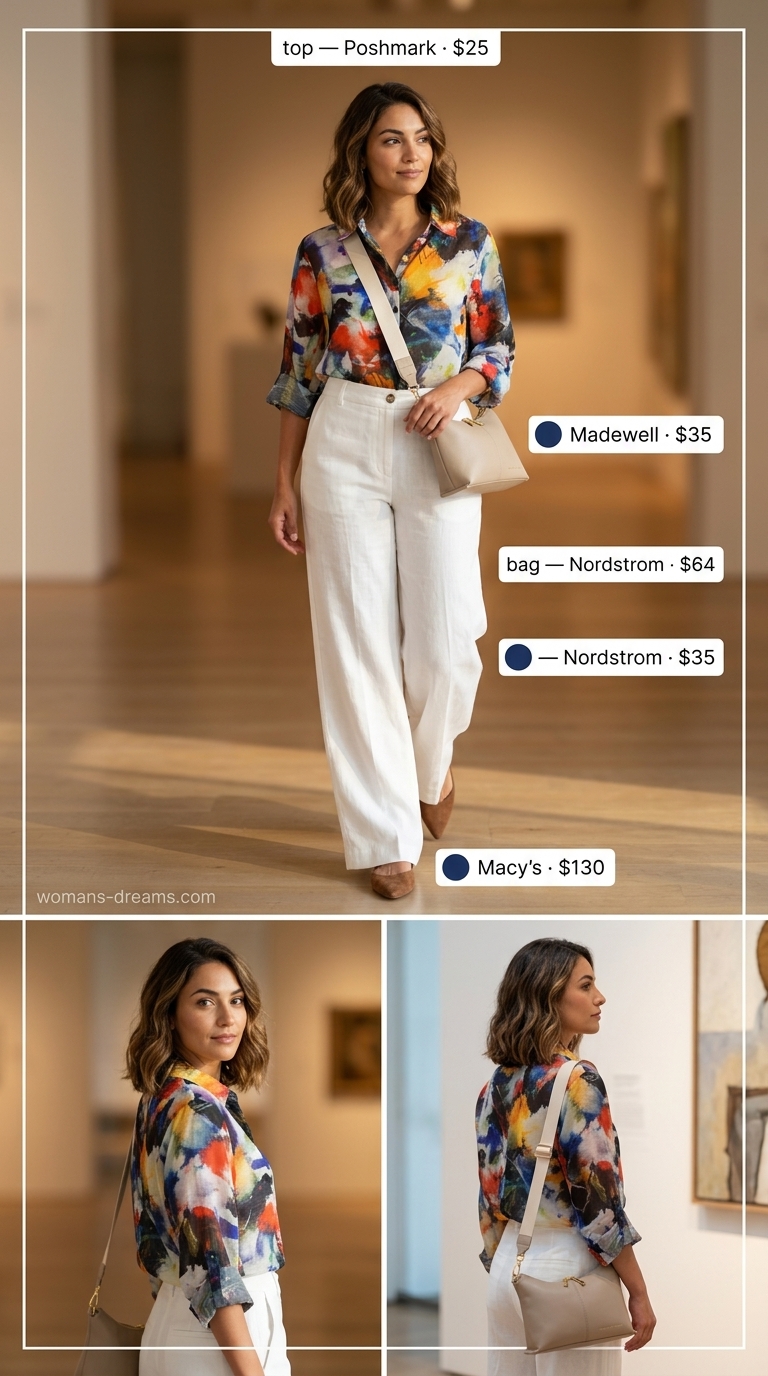 Artistic white summer linen pants for women 2026 with a multicolor abstract print blouse.