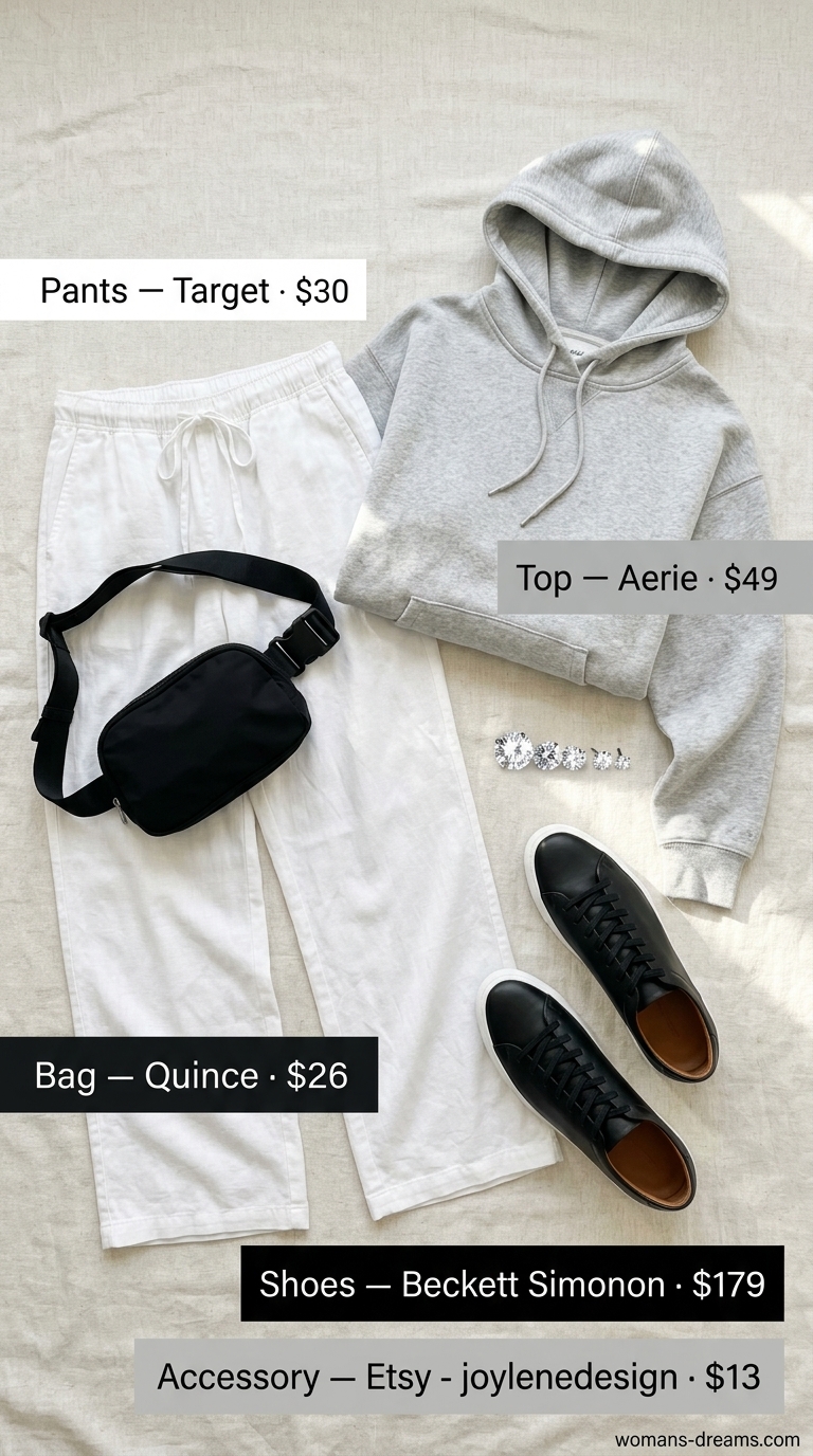 Athleisure-inspired white summer linen pants for women 2026 with a hoodie and belt bag.
