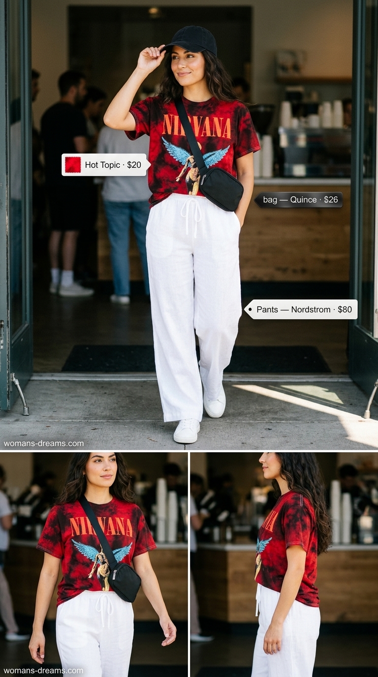 Casual white summer linen pants for women 2026 with a graphic tee and sneakers for weekend comfort.