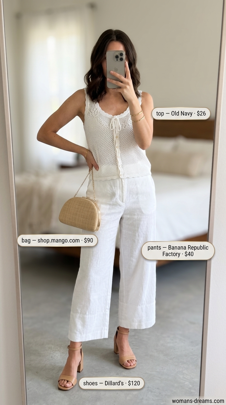 Chic white summer linen pants for women 2026 styled as culottes with a crochet top and block heels.