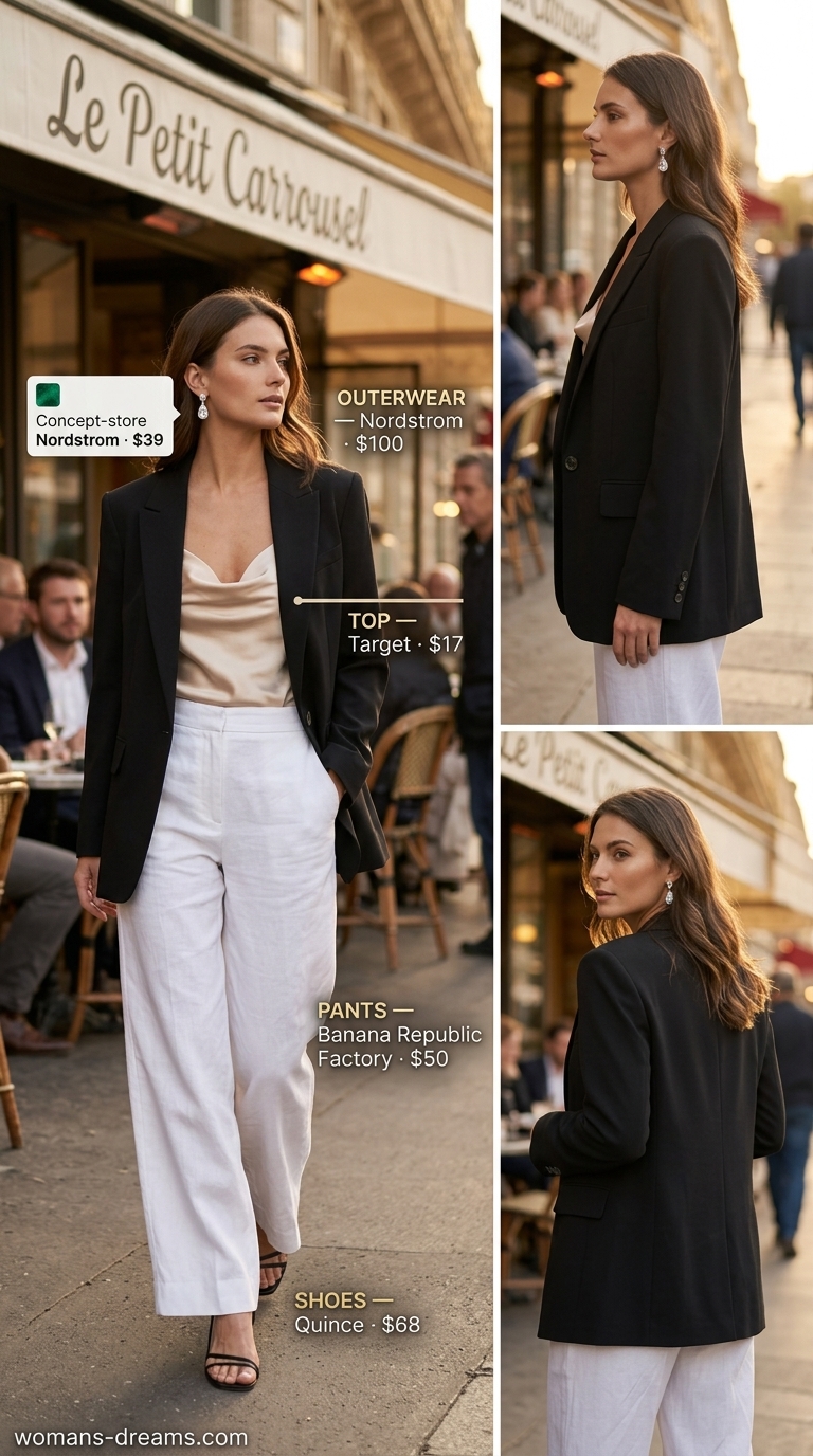 Elegant white summer linen pants for women 2026 paired with a satin cami and blazer for evening.