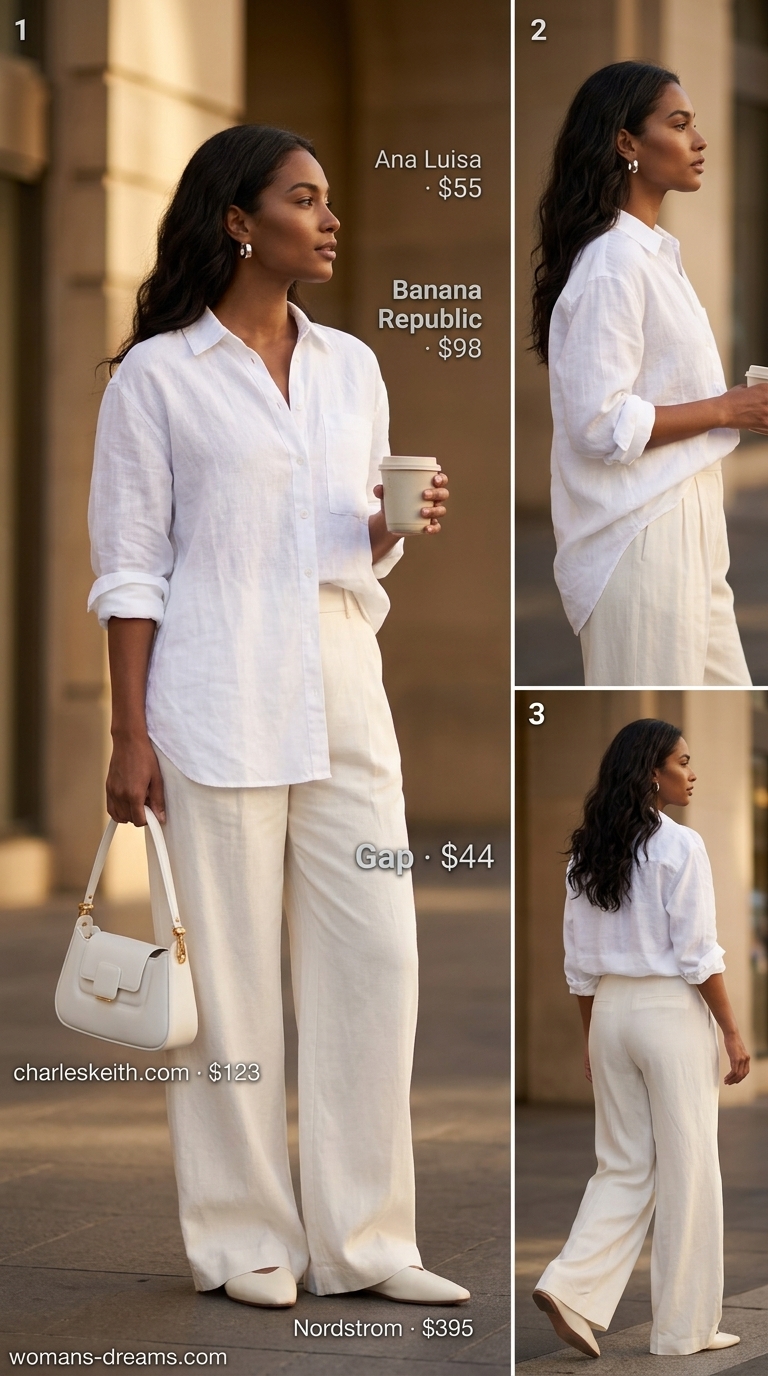 Chic white summer linen pants for women 2026 in a monochromatic linen outfit for events.