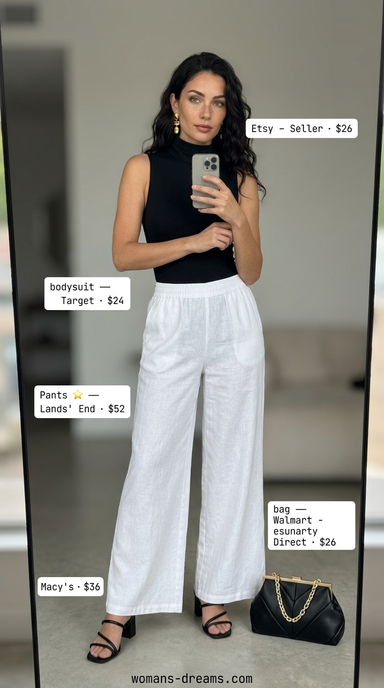 Bold white summer linen pants for women 2026 styled with a mock neck bodysuit and block heels.