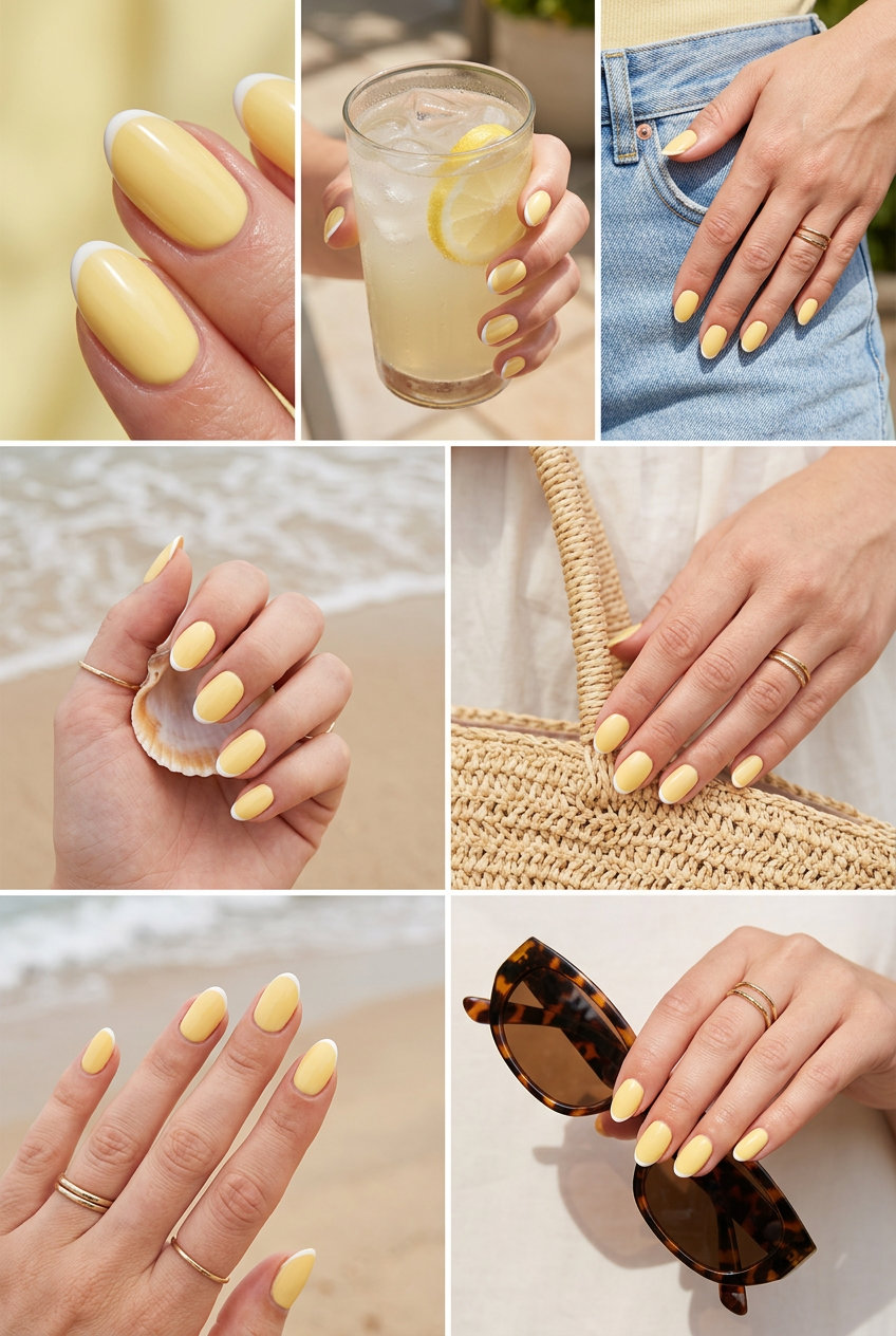 Sunny butter yellow micro French almond nails for fair skin: great for daily wear, casual outings, and summer fun in 2026.