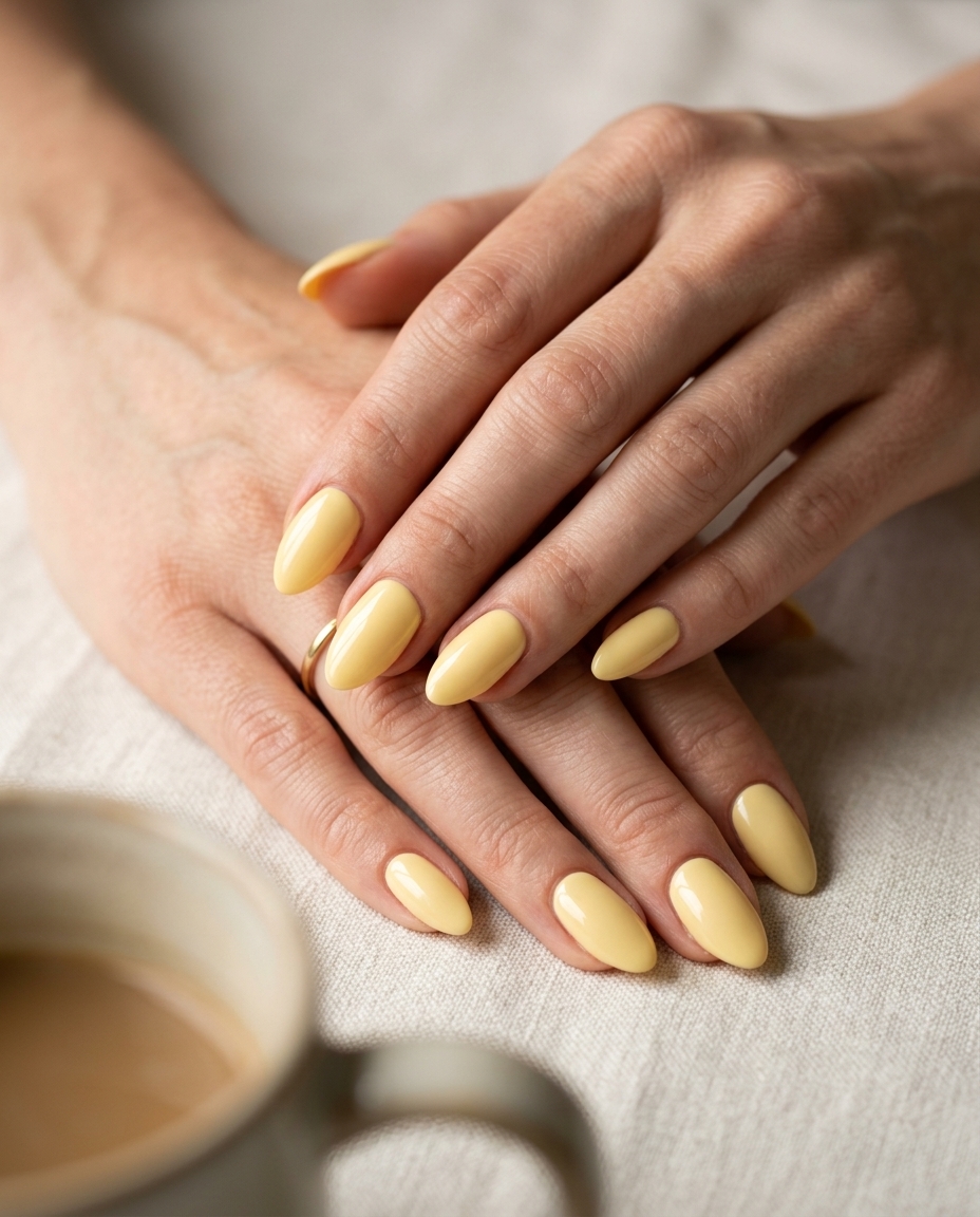 Butter yellow glossy almond nails for fair skin: perfect for vacation, casual outings, and summer parties in 2026.