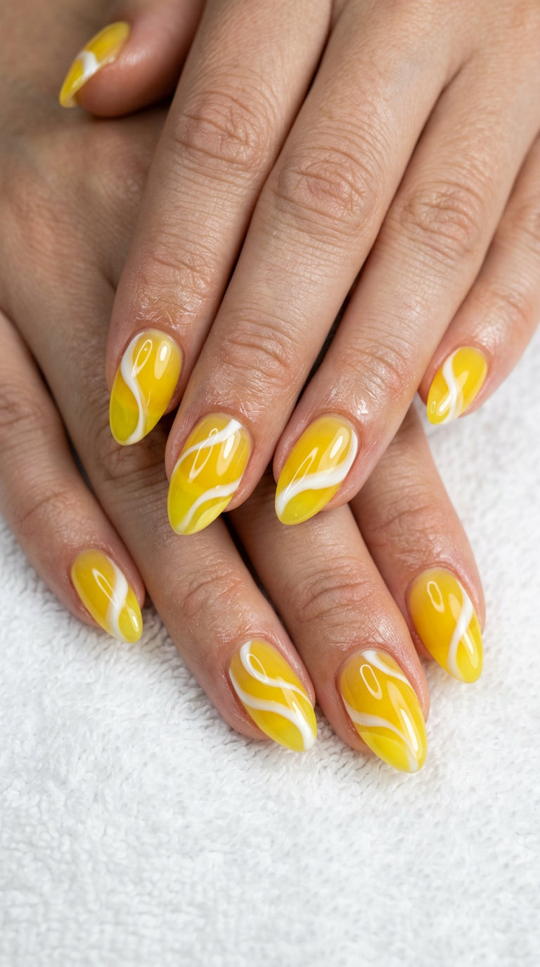 Almond summer nails 2026 for fair skin: Juicy butter yellow jelly swirls for playful vacation vibes.