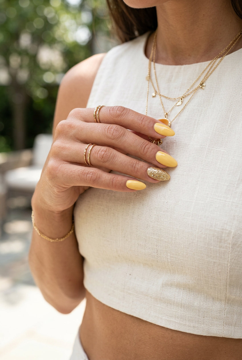 Golden butter sparkle almond nails for fair skin, perfect for vacations and festivals.